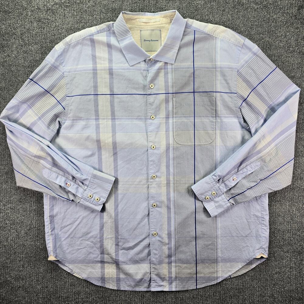 Tommy Bahama Shirt Mens 2XL XXL Blue White Plaid Stripe Long Sleeve Casual Beach